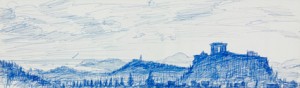 “Coucher de soleil à Athènes” blue pen study for the painting